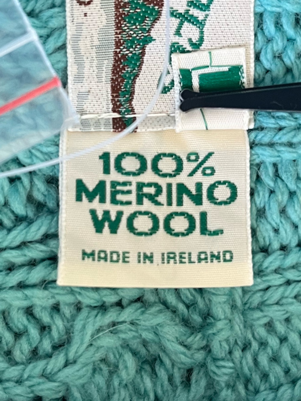 NWOT Aran Crafts Womans L Turquoise Merino Wool Cable Knit 1/4-Zip Sweater- FLAW - Picture 11 of 15